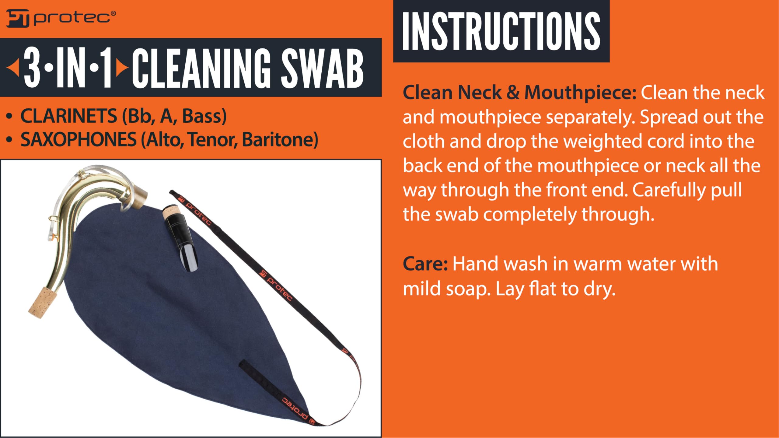 Protec Clarinet (Bb, A, Bass) / Saxophone (Alto, Tenor, Baritone) Neck and Mouthpiece Microfiber Swab (Model A119)